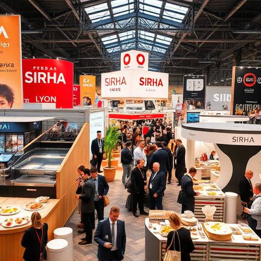 Capture d'√©cran d'une vid√©o d'un √©v√©nement au salon SIRHA (Salon International de la Restauration, de l'H√¥tellerie et de l'Alimentation) √† Lyon, montrant les participants et les stands.