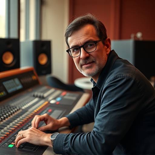 Photo de portrait de Pierre Martin, co-fondateur d'Atelier Lumière, en train de travailler sur une table de mixage.