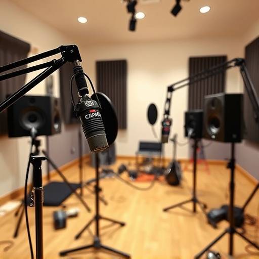 Studio d'enregistrement de podcast professionnel avec micros et √©quipement audio utilis√© par Atelier Lumi√®re.